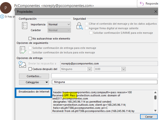 Vista de los encabezados desde Outlook.