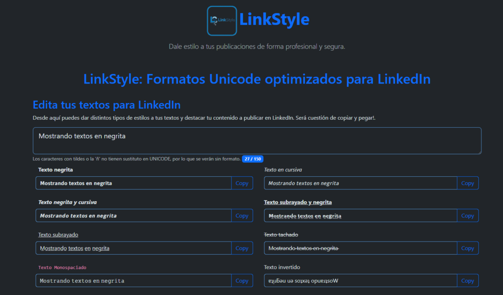 Pantalla LinkStyle con formulario en tema oscuro